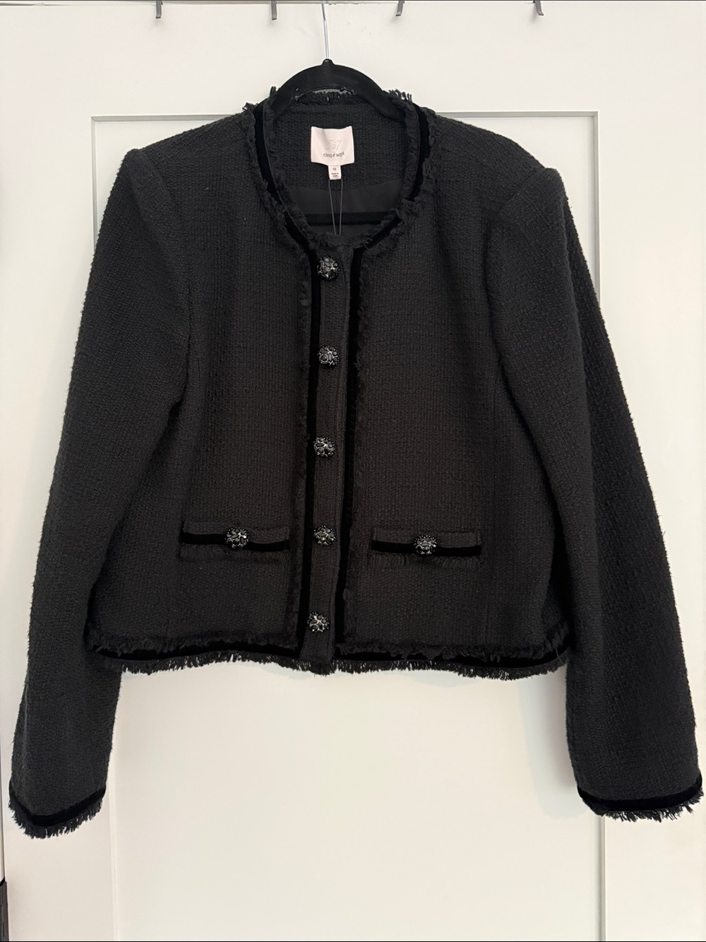 NWT cinq a sept Black Tweed Collarless Jacket with Decorative Buttons